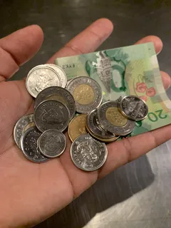 Zweifarbige Münzen und Banknote auf Hand in Österreich